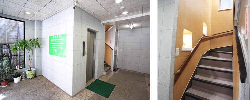 1F入口のエレベーター、階段